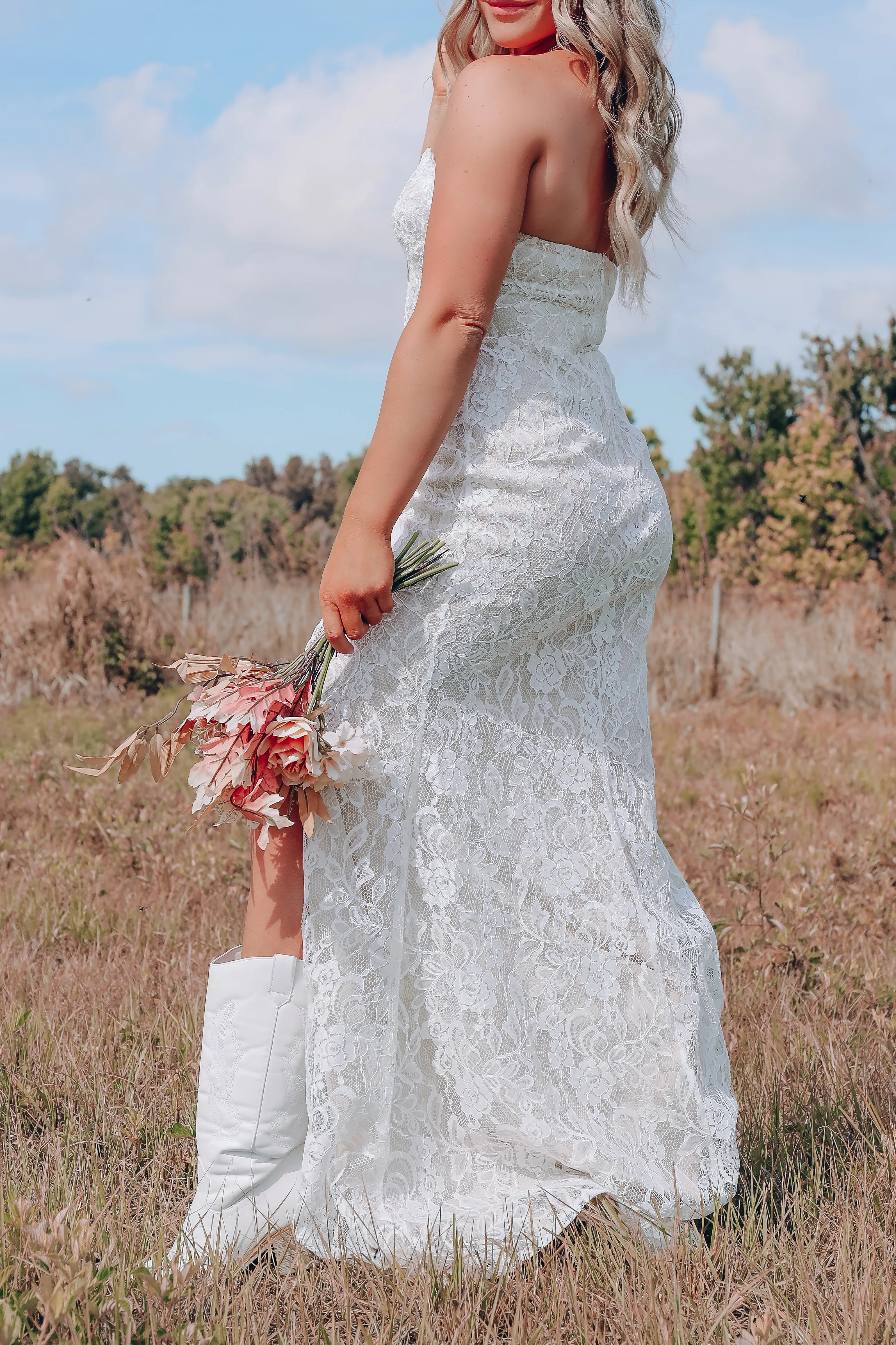 Lovely In Lace Strapless Maxi Dress - Ivory/Nude