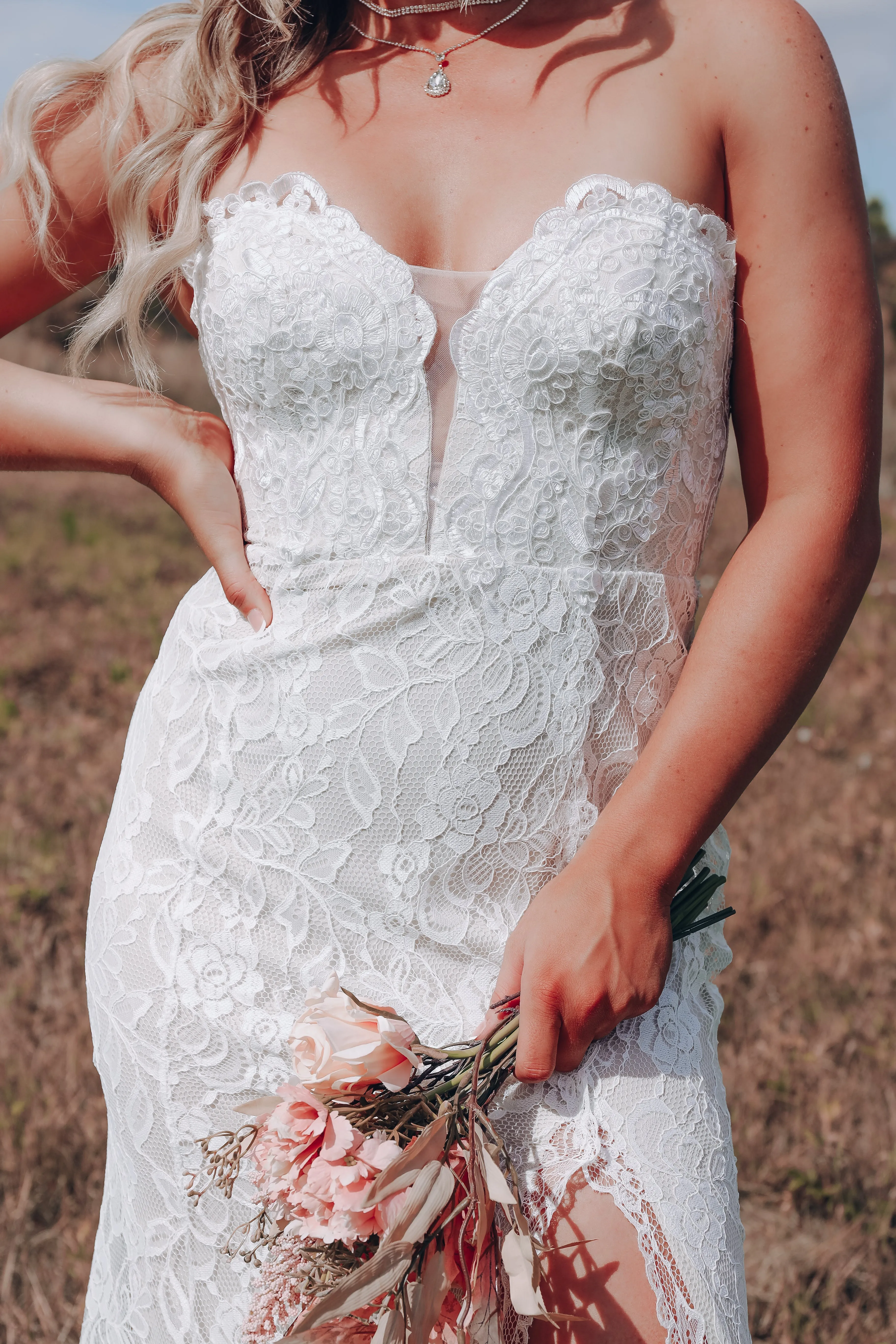 Lovely In Lace Strapless Maxi Dress - Ivory/Nude