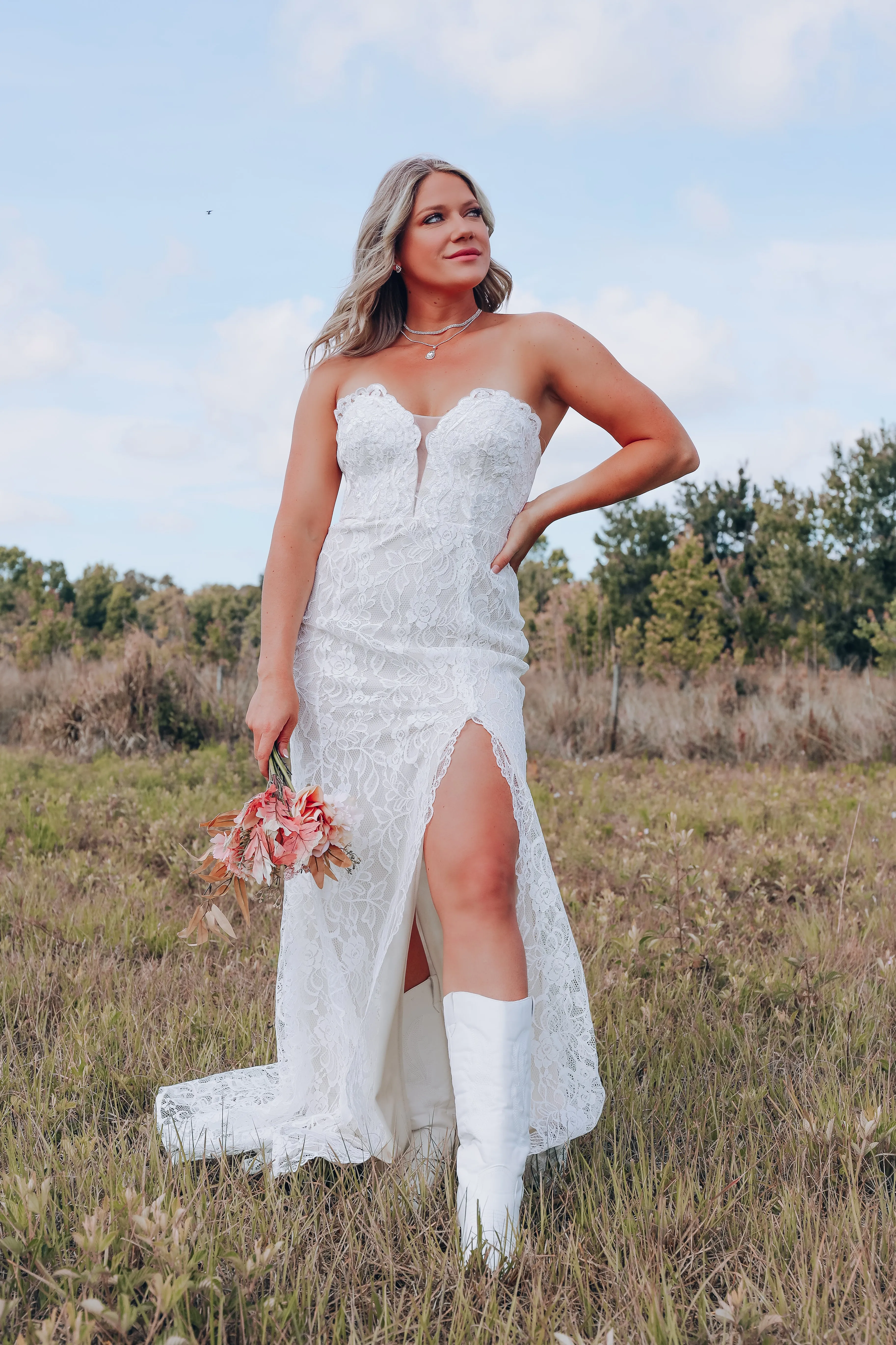 Lovely In Lace Strapless Maxi Dress - Ivory/Nude