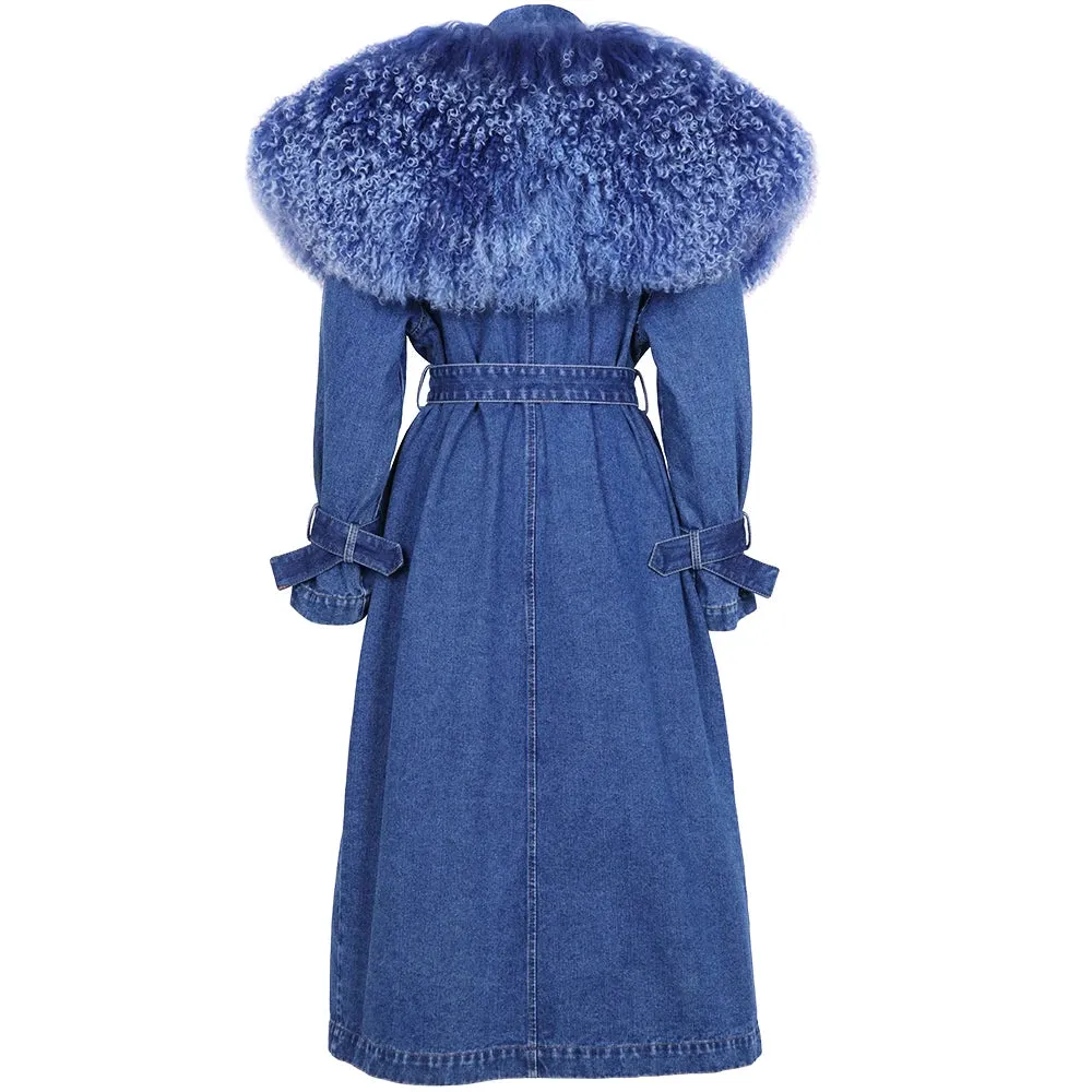 Luxury Denim Trench Coat With Genuine Fur Collar