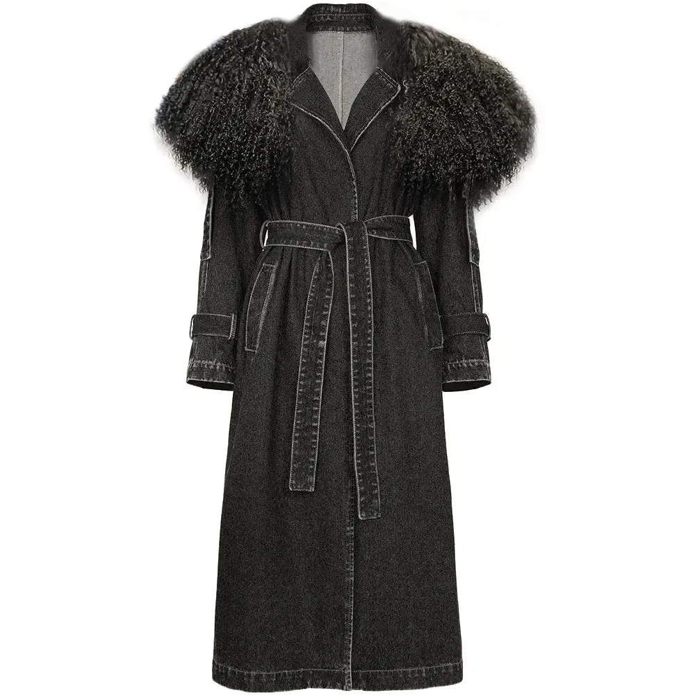 Luxury Denim Trench Coat With Genuine Fur Collar