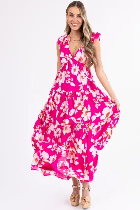 Magenta Floral Print Open Back Maxi Dress