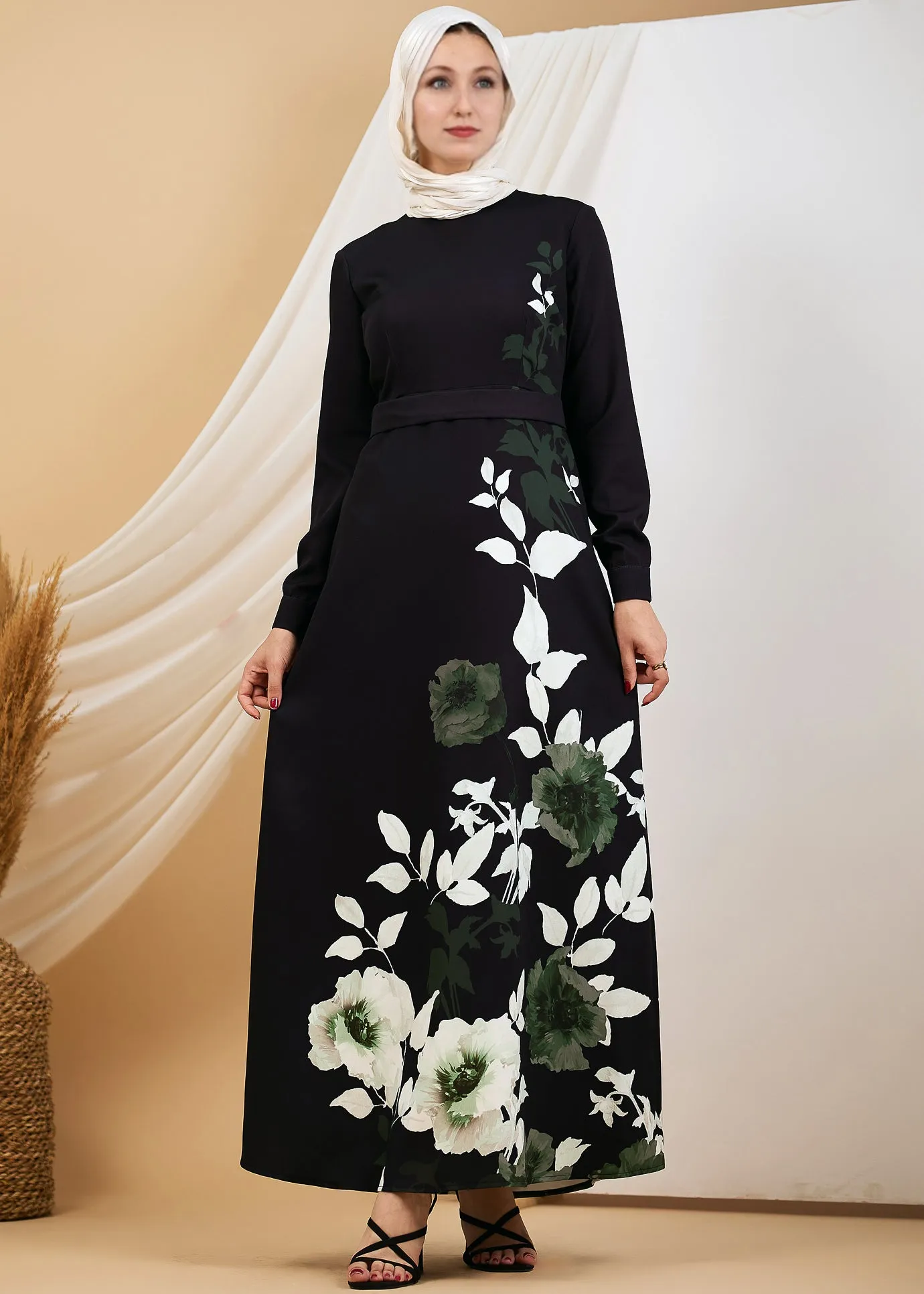 Malak Opulent Crepe Floral Maxi Dress with Subtle Leaf Accents