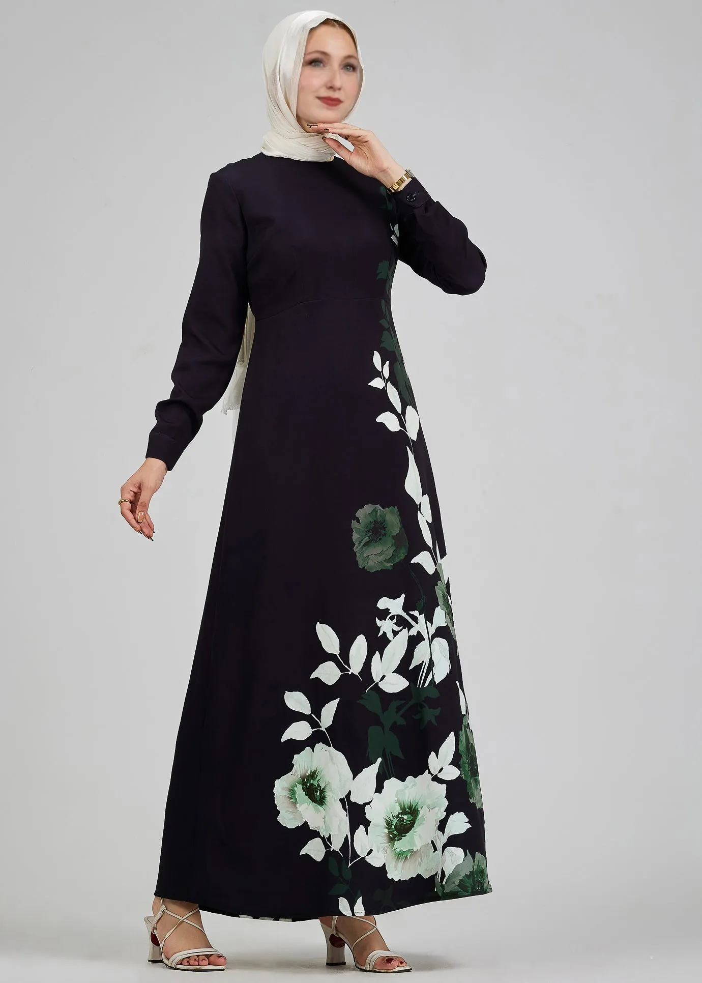 Malak Opulent Crepe Floral Maxi Dress with Subtle Leaf Accents