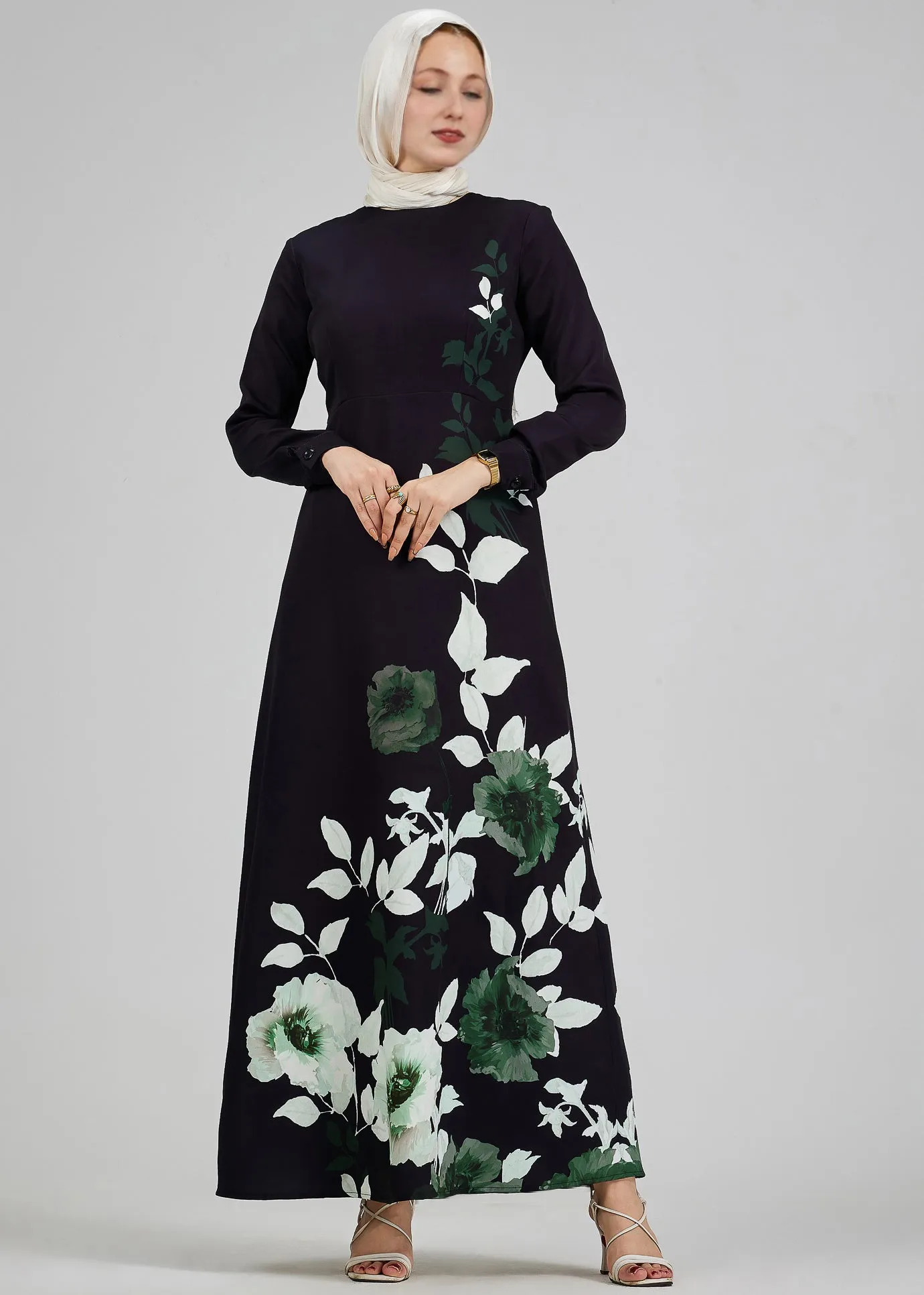 Malak Opulent Crepe Floral Maxi Dress with Subtle Leaf Accents