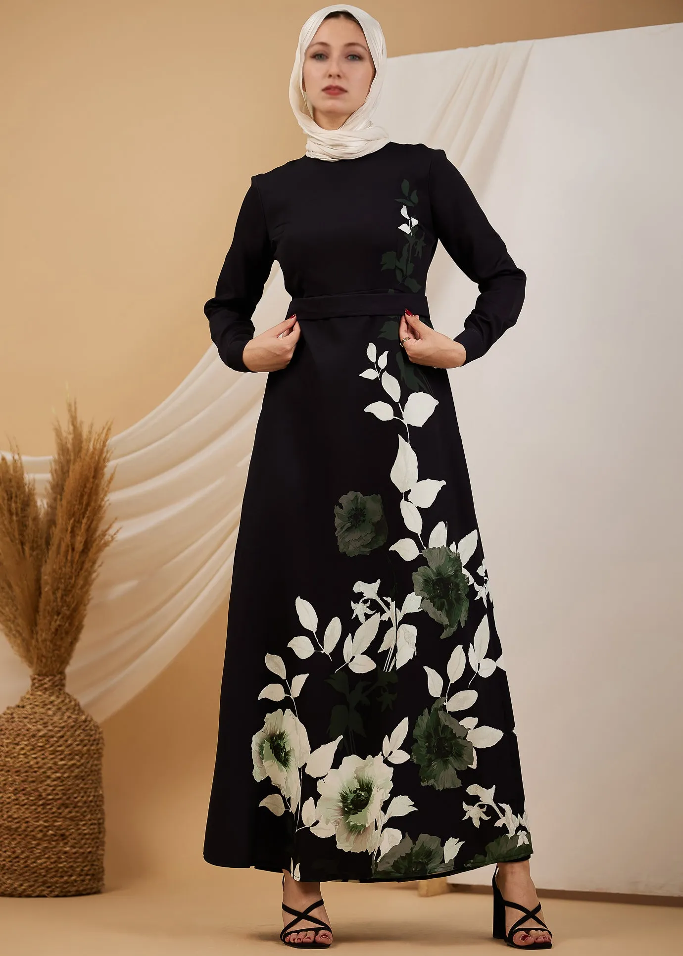 Malak Opulent Crepe Floral Maxi Dress with Subtle Leaf Accents