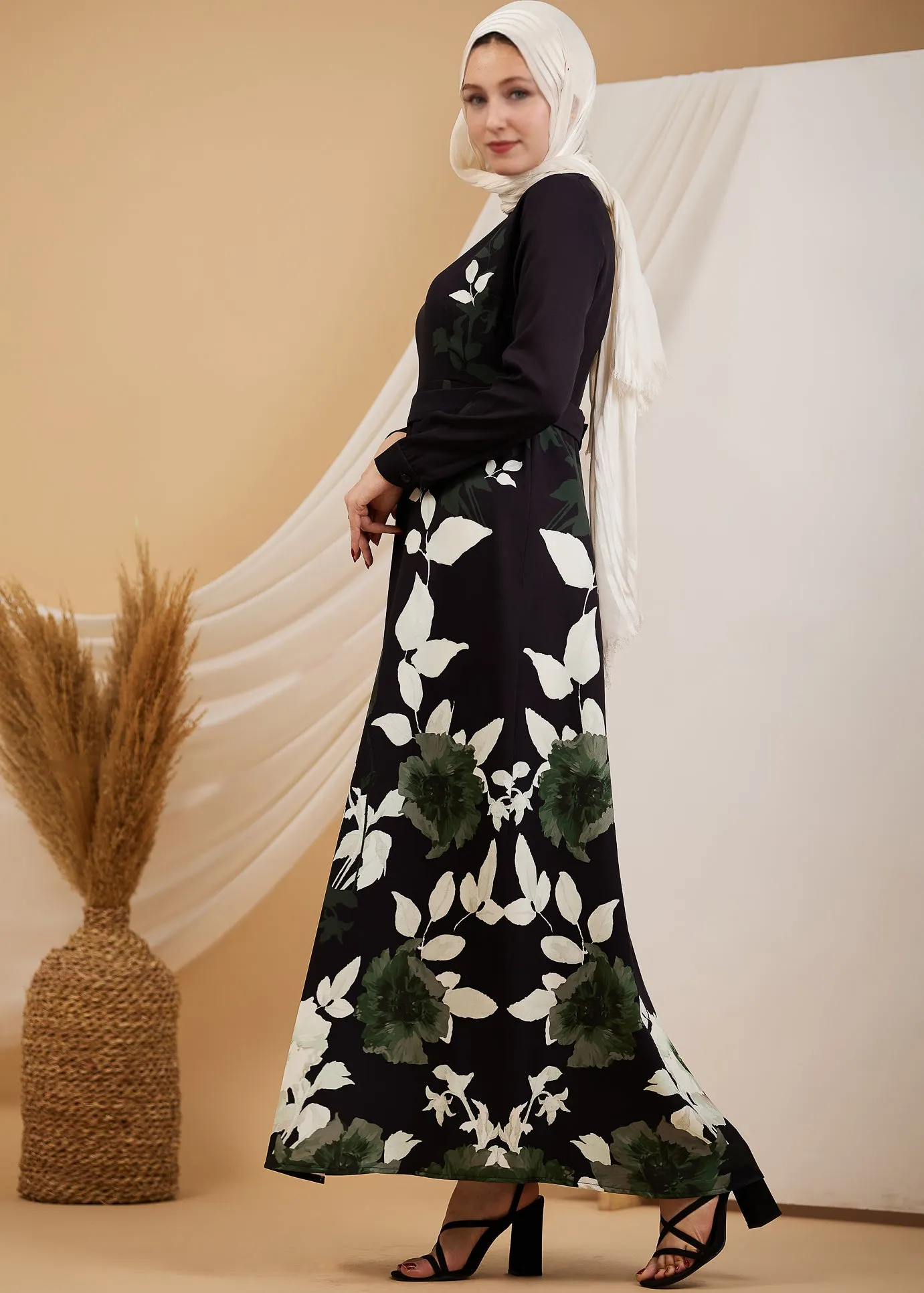 Malak Opulent Crepe Floral Maxi Dress with Subtle Leaf Accents