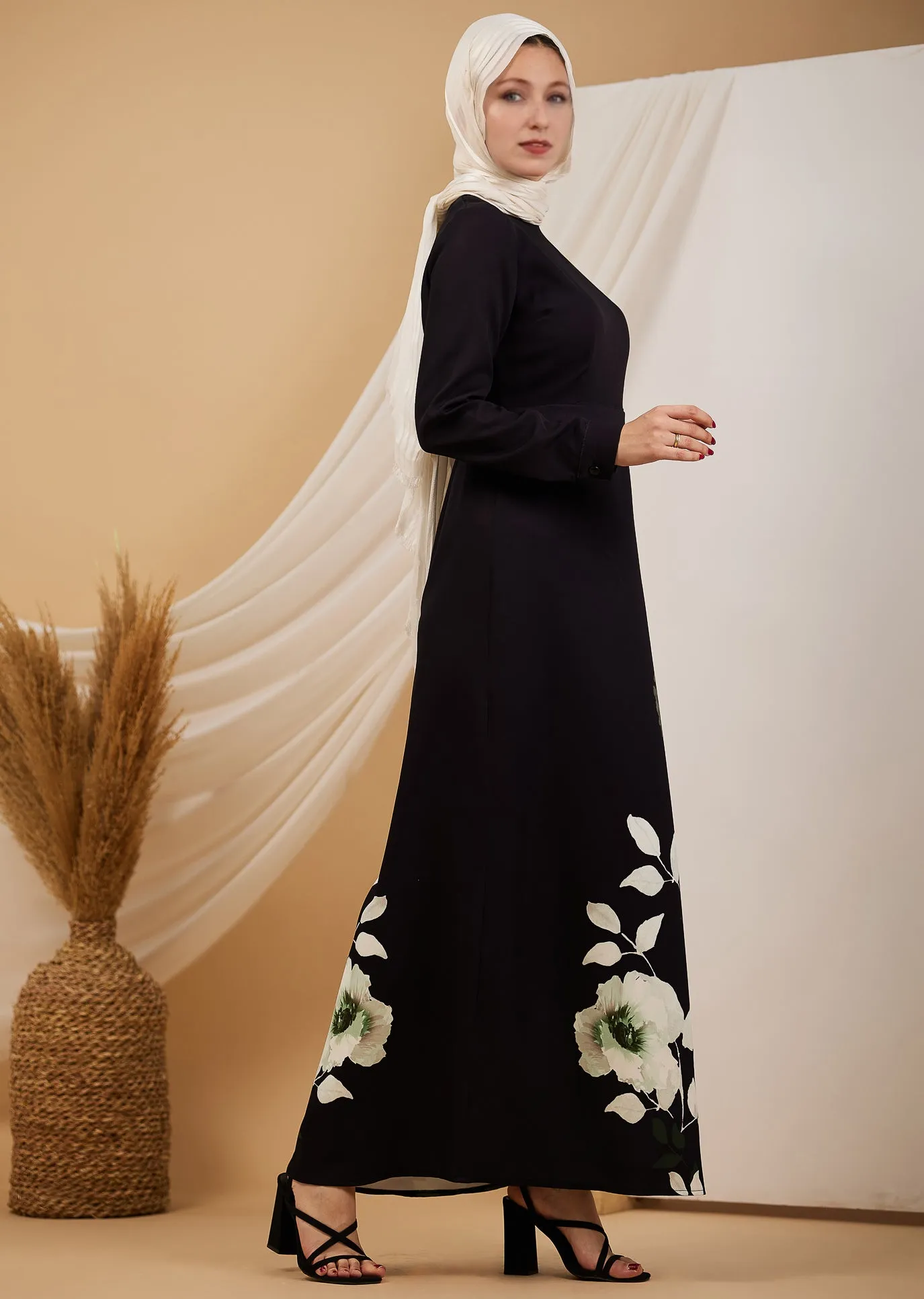 Malak Opulent Crepe Floral Maxi Dress with Subtle Leaf Accents