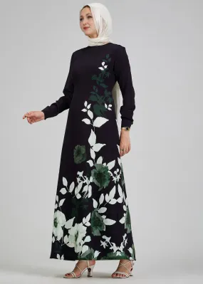 Malak Opulent Crepe Floral Maxi Dress with Subtle Leaf Accents