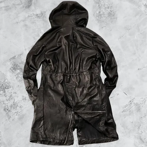 Men's Mid Length Hooded Leather Coat