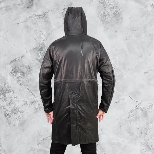 Men's Mid Length Hooded Leather Coat