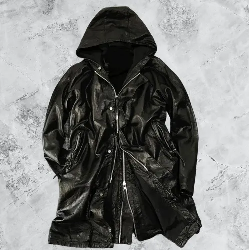 Men's Mid Length Hooded Leather Coat