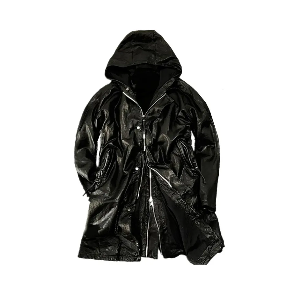 Men's Mid Length Hooded Leather Coat