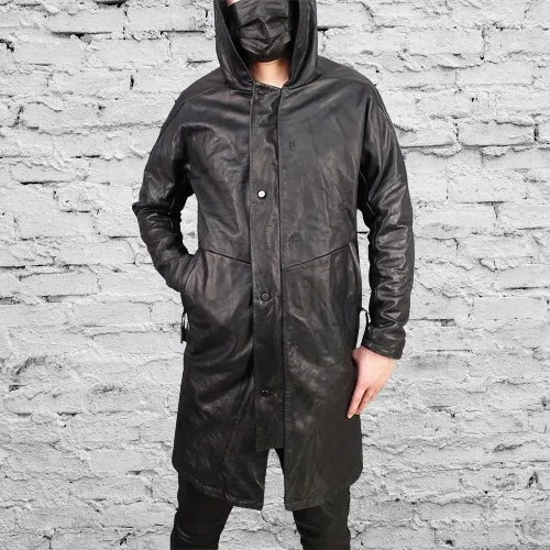 Men's Mid Length Hooded Leather Coat