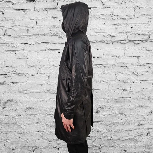 Men's Mid Length Hooded Leather Coat