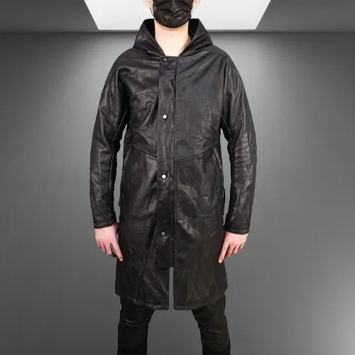 Men's Mid Length Hooded Leather Coat