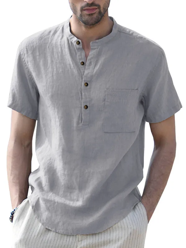 Men's Woven Casual Stand Collar Linen Short Sleeve Shirt