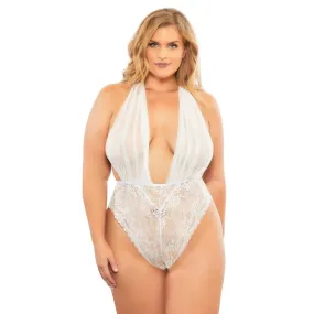 Mesh Plunge Halter Teddy - Queen Size - White