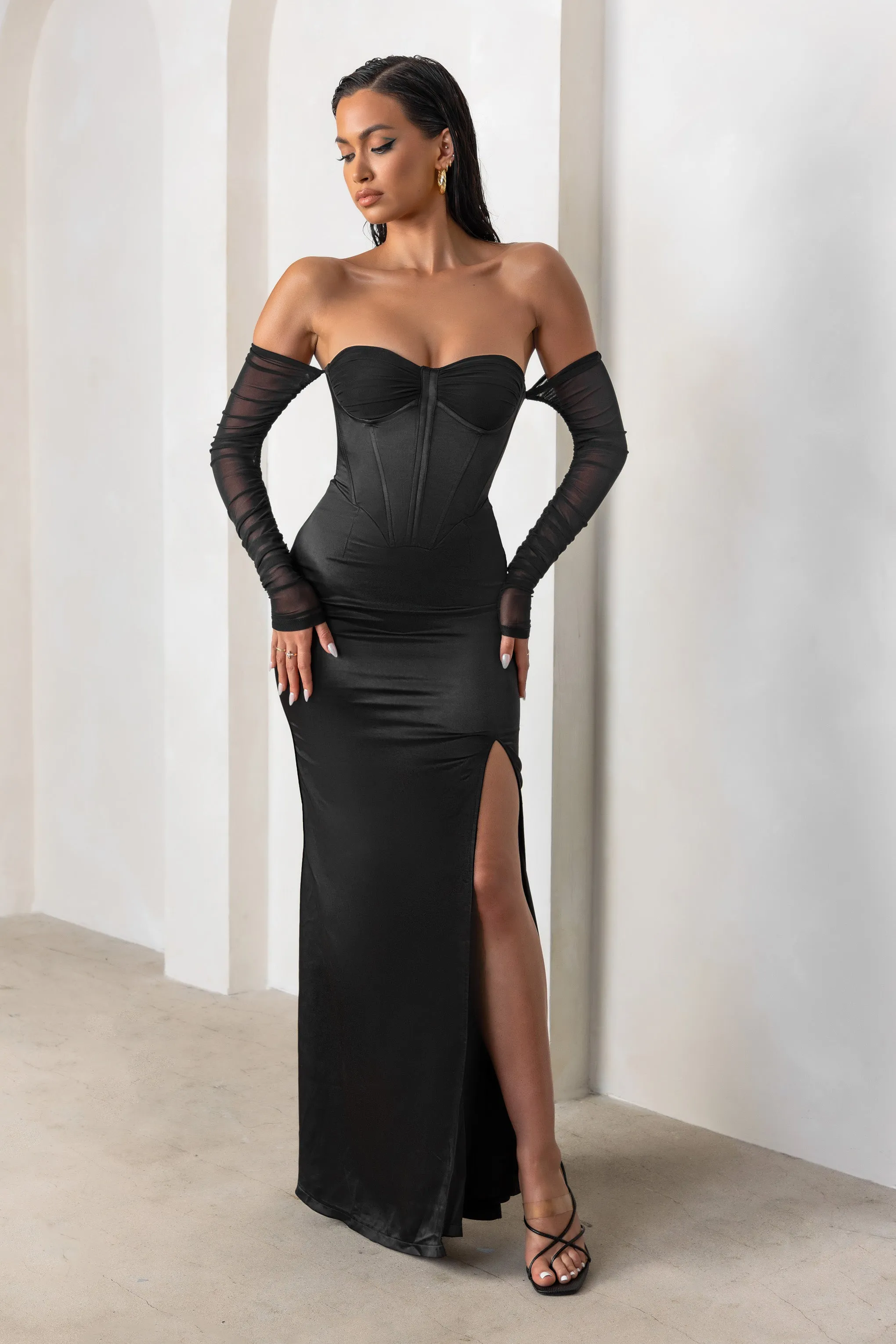 My Prize | Black Satin Bardot Mesh Long Sleeves Maxi Dress With Thigh Split