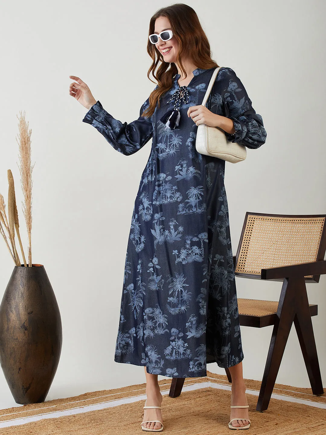 Navy Blue Tropical Indigo Denim Dress