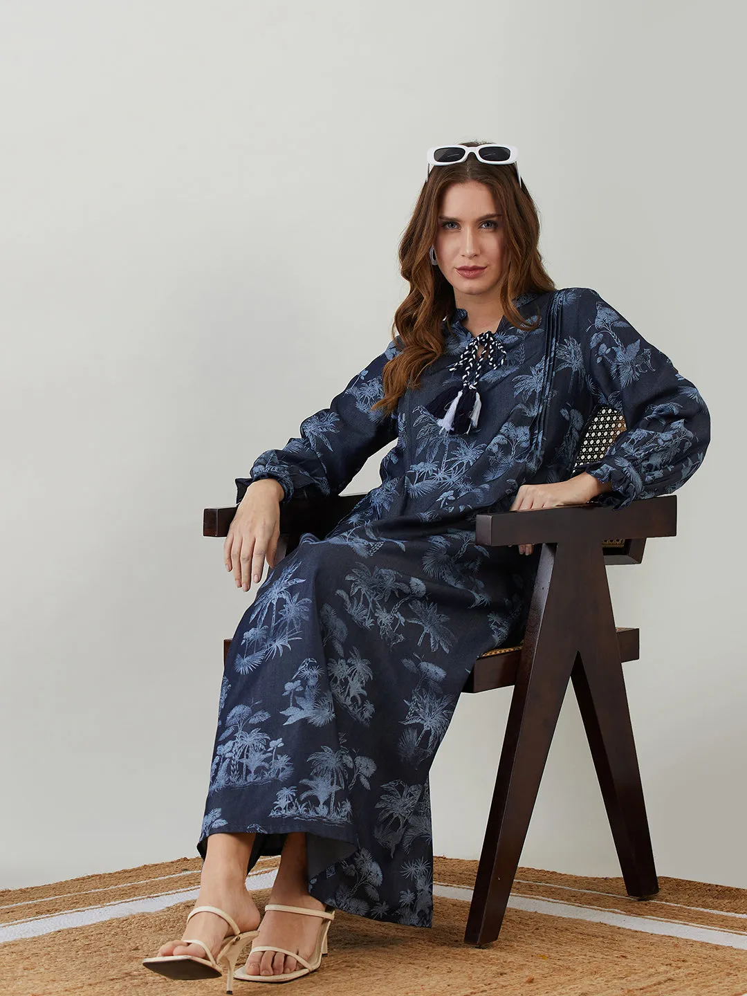 Navy Blue Tropical Indigo Denim Dress