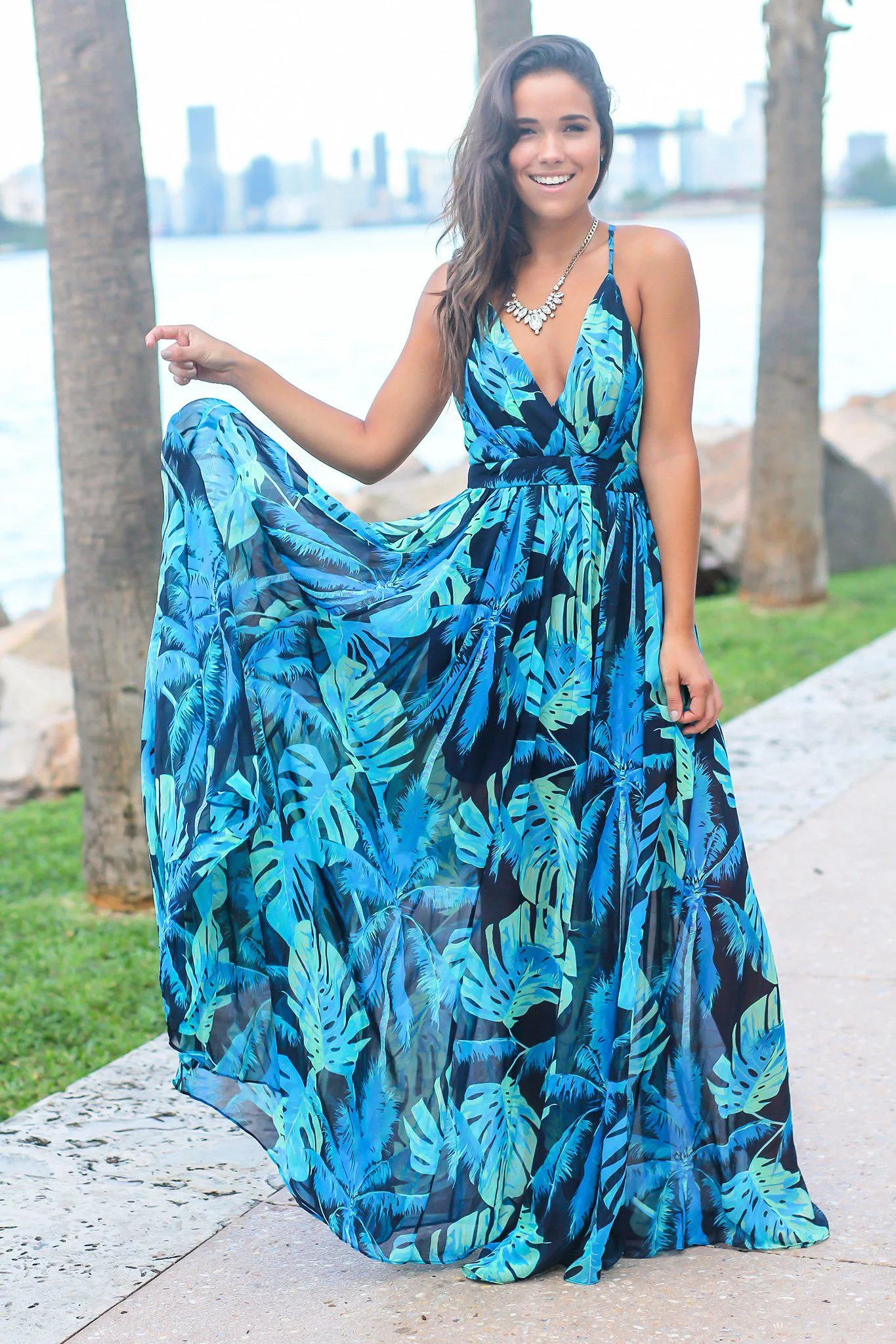 Navy Tropical Print Maxi Dress