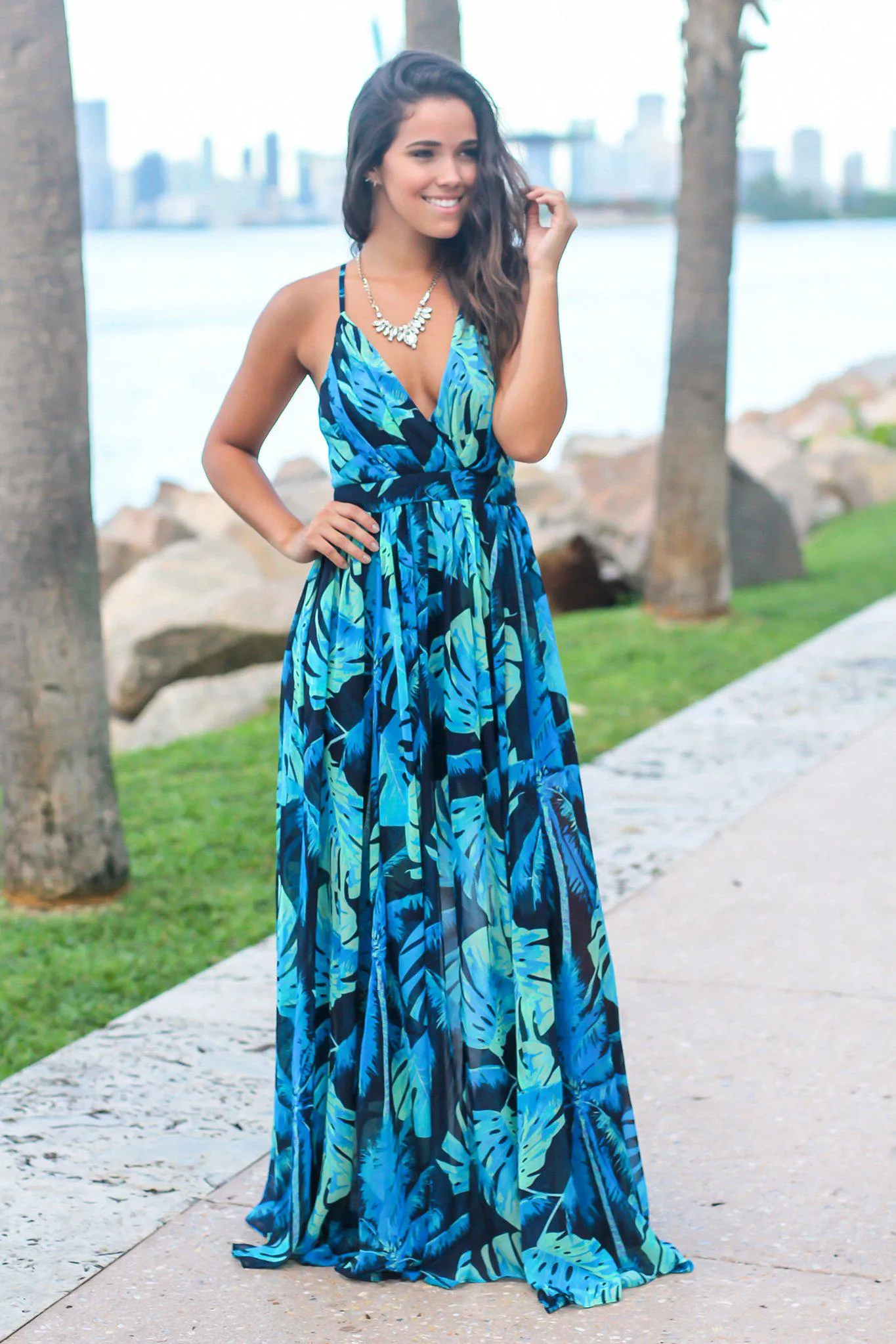 Navy Tropical Print Maxi Dress