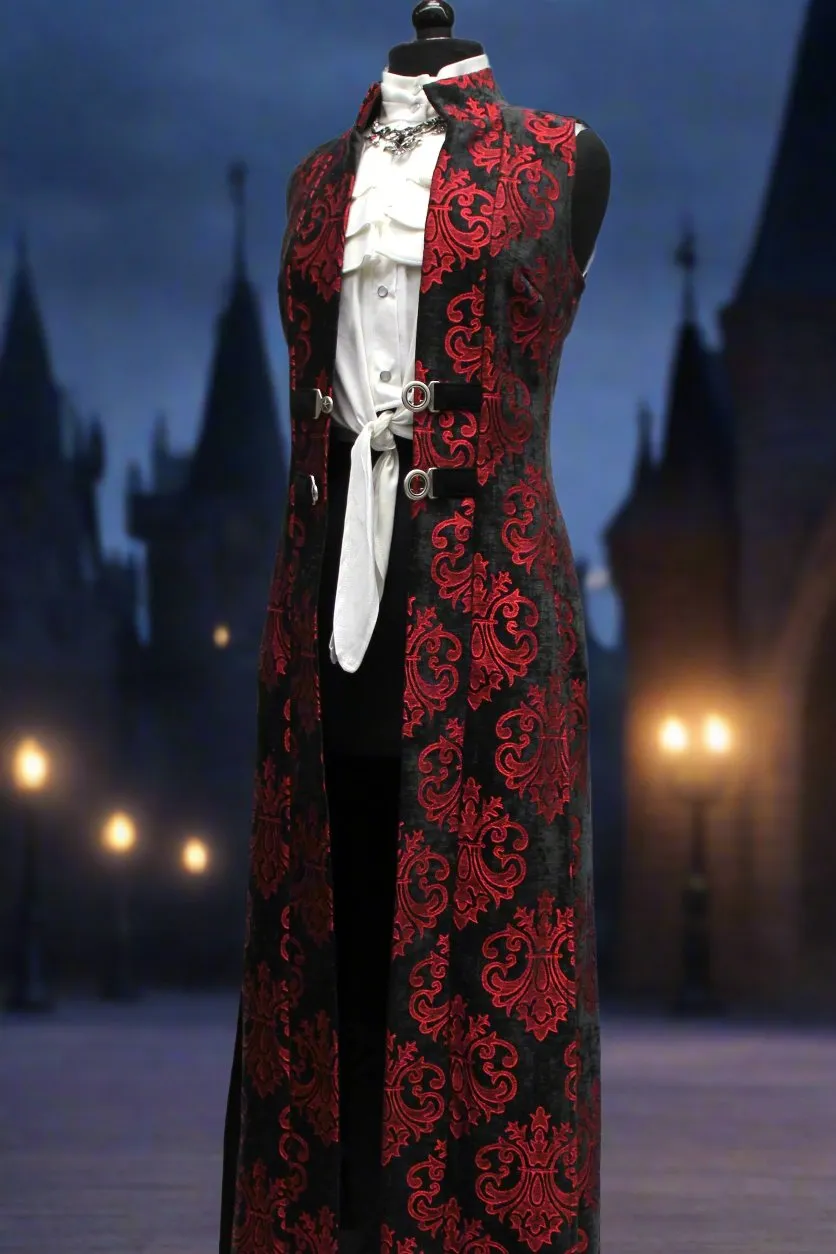 NECROMANTIC COAT/VEST - RED ON BLACK VELVET BROCADE