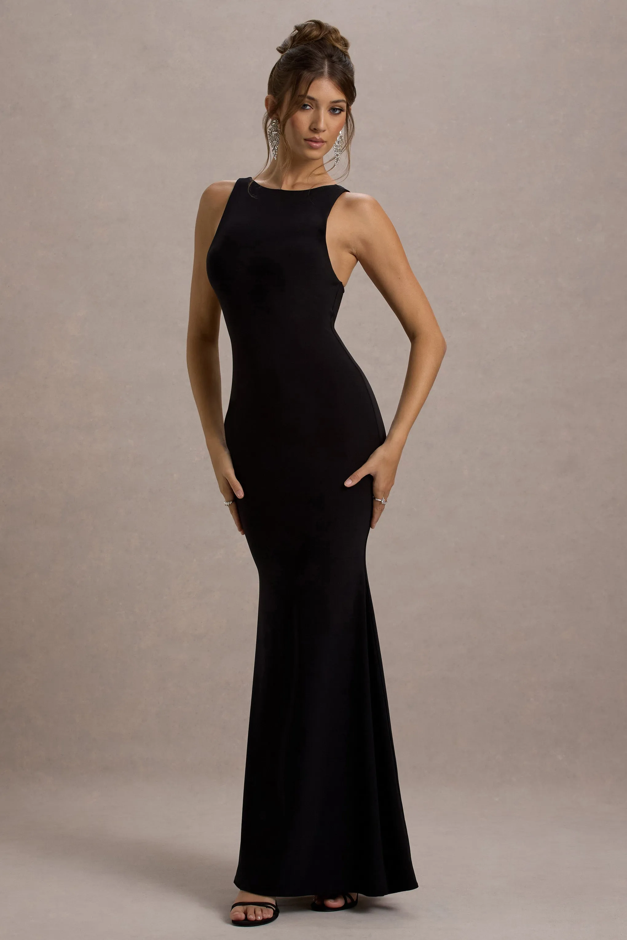 Odelle | Black Boat-Neck Racer-Back Maxi Dress