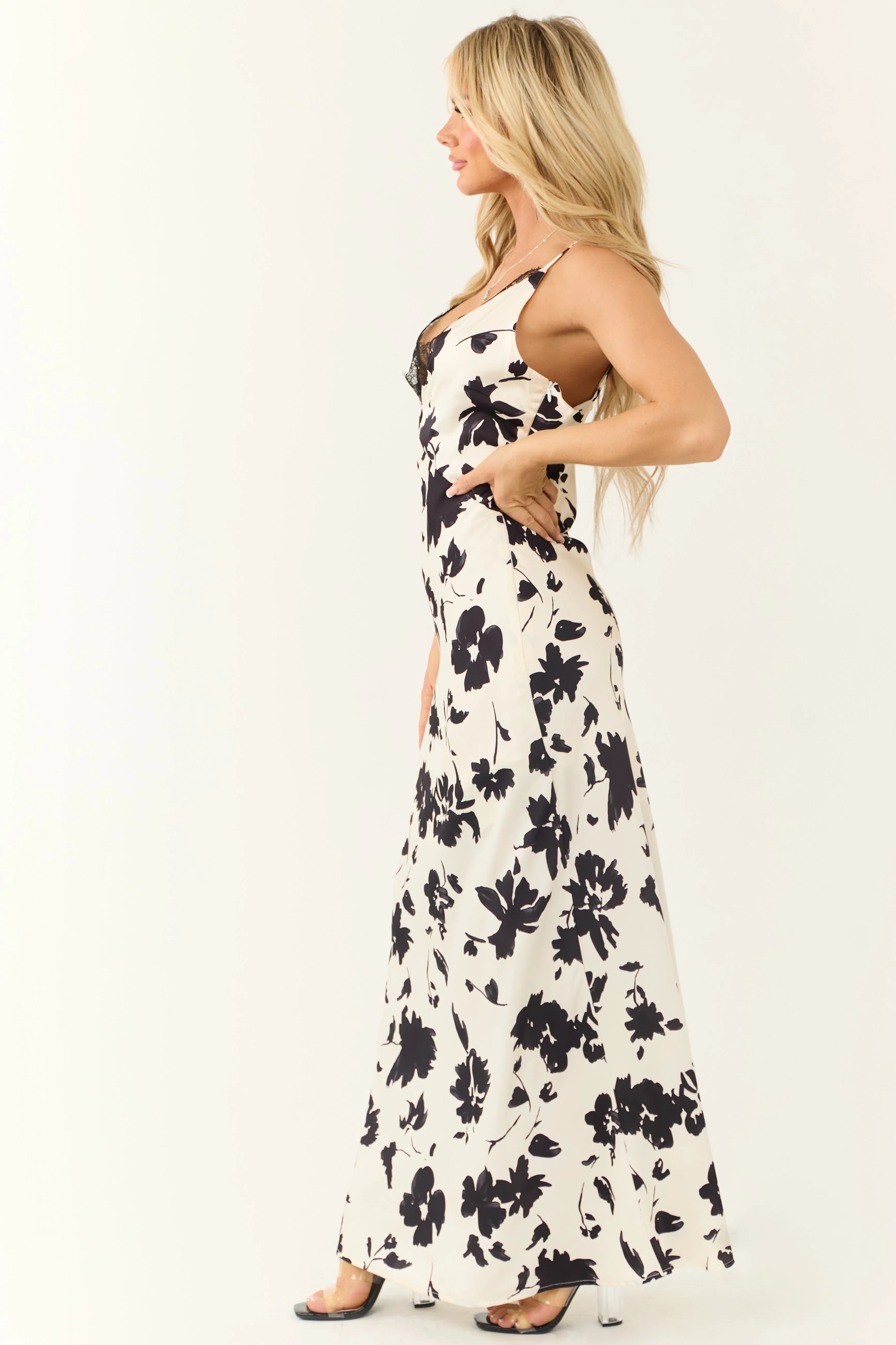 Off White and Black Floral Print Maxi Dress