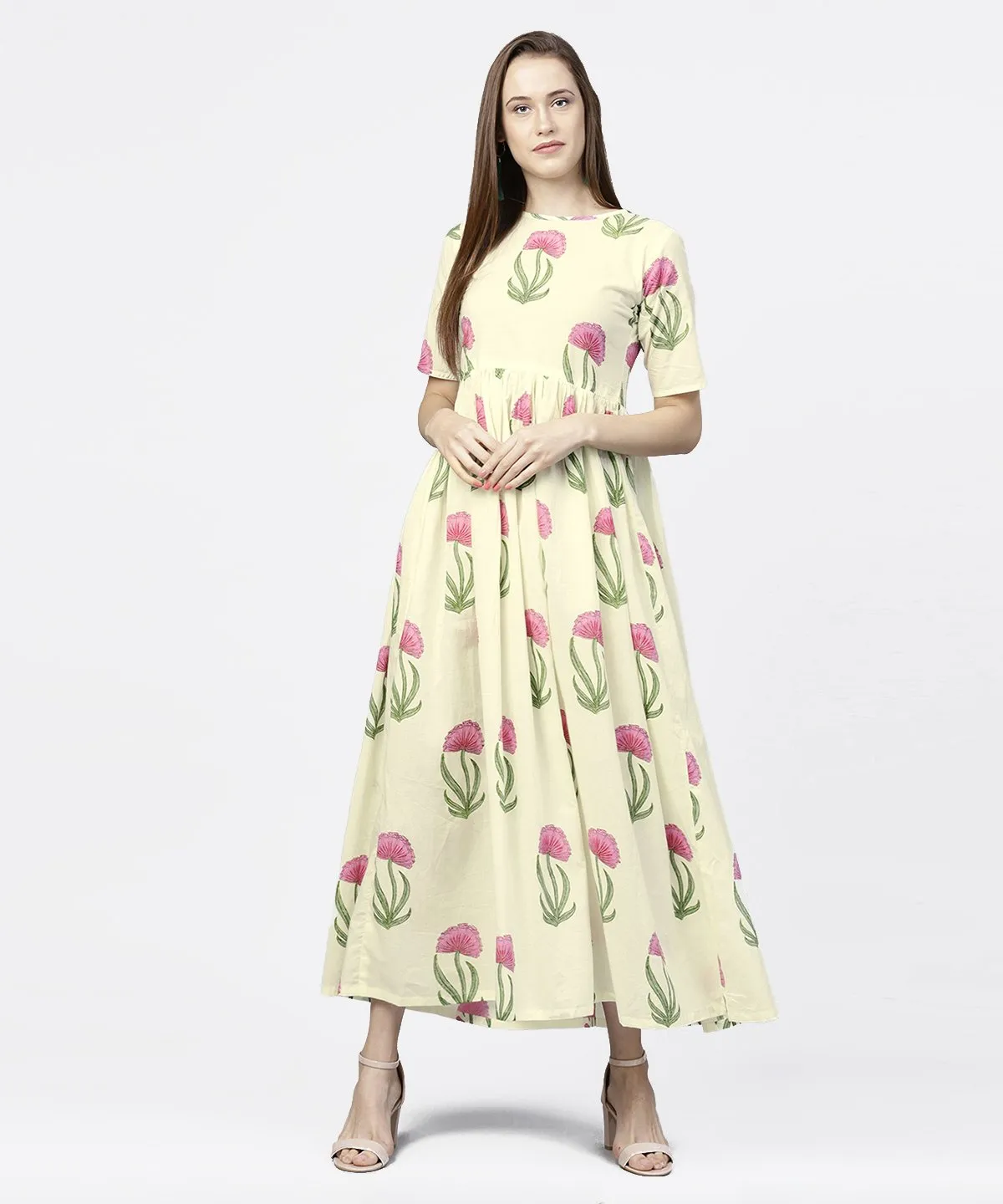 Off White Floral Printed Half Sleeve Cotton Maxi Dress