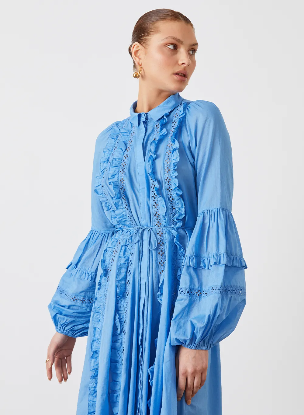 OLYMPIA ORGANIC COTTON MAXI SMOCK SHIRT DRESS | CERULEAN BLUE