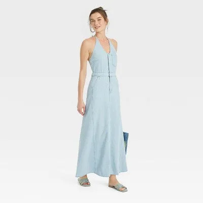 Open Box - Women's Halter Neck Denim Maxi Dress - Universal Thread Blue 0