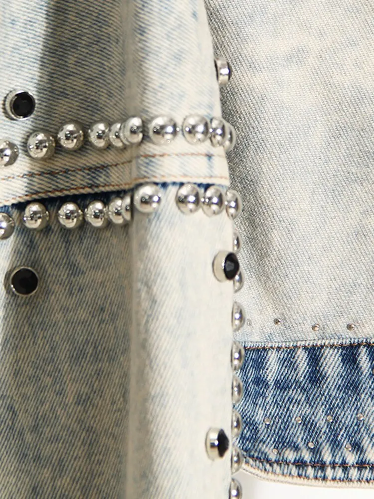 Patchwork Rivet Denim Jacket For Women Lapel Long Sleeve Blue Jackets Female Fashion Spring Clothing Style