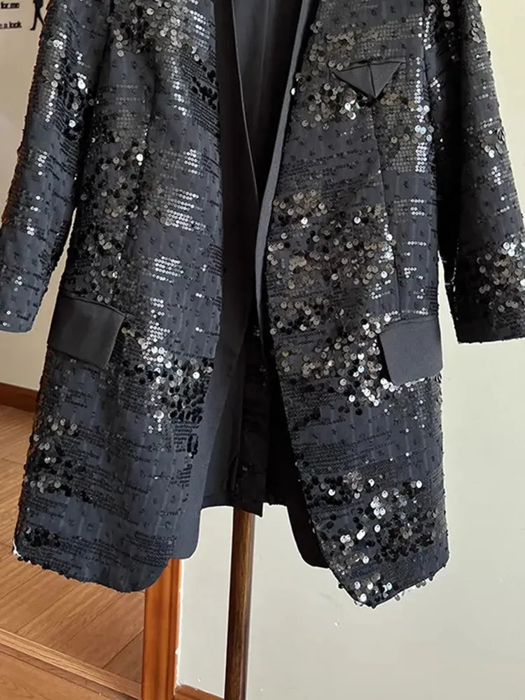 Patchwork Sequins Blazers For Women V Neck Three Quarter Sleeve Spliced Pocket Loose Solid Blazer Female Fashion