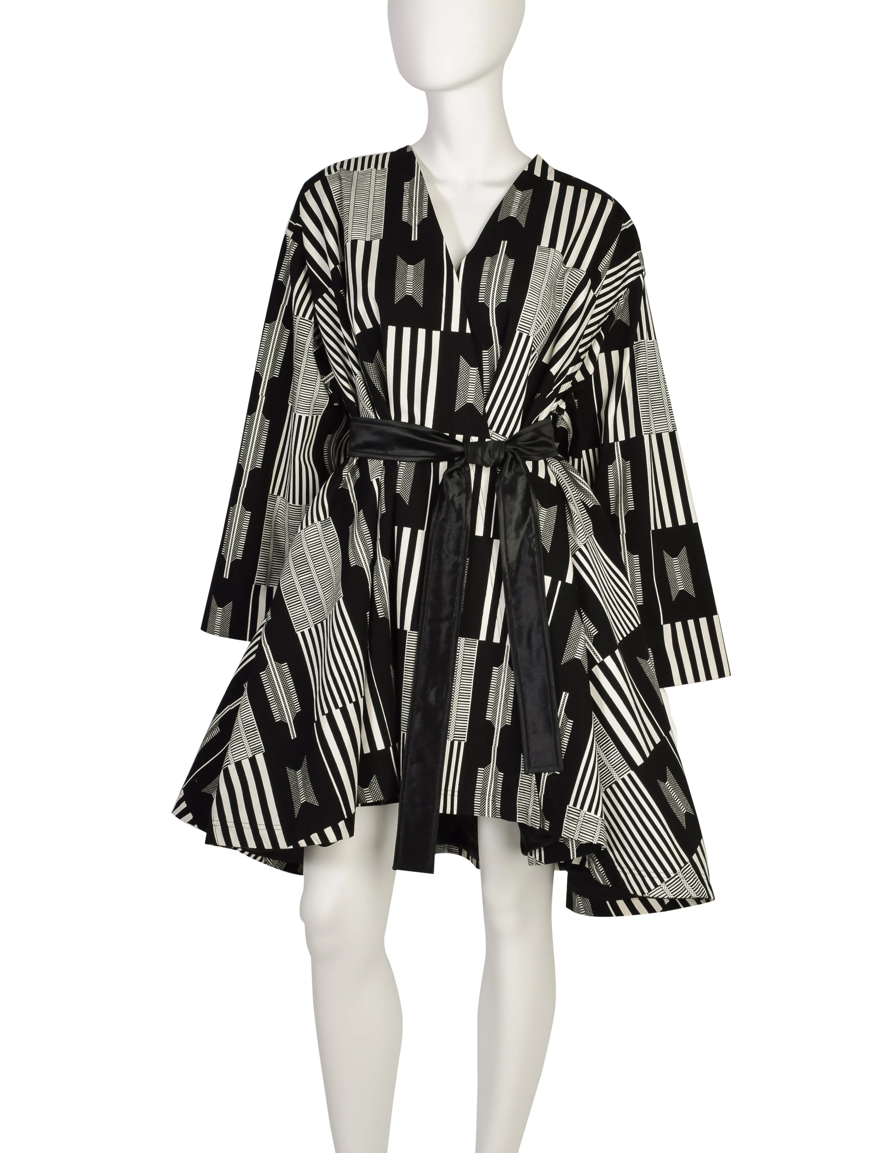 Patrick Kelly Vintage 1988 Black White Kente Inspired Print Cotton Swing Coat