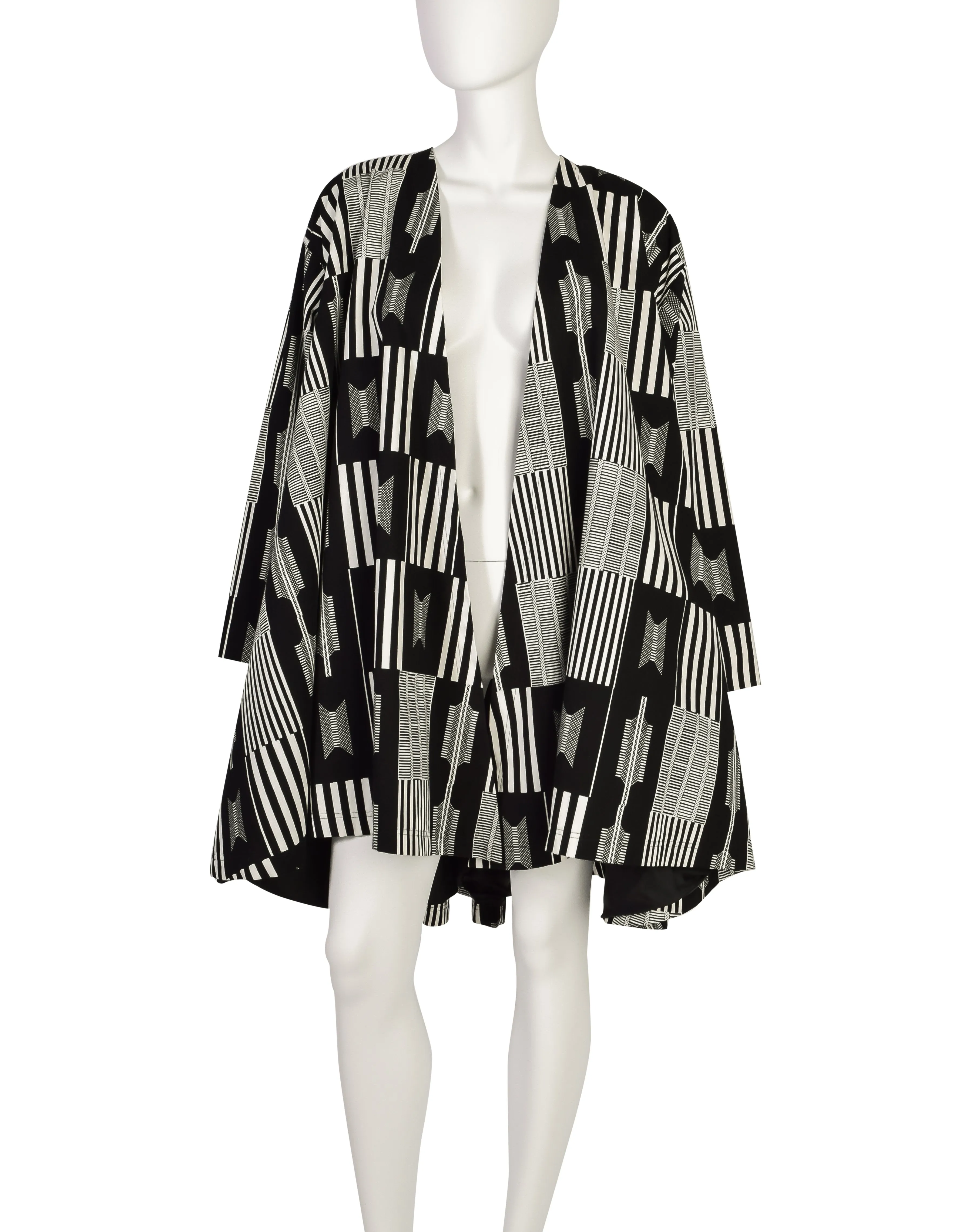 Patrick Kelly Vintage 1988 Black White Kente Inspired Print Cotton Swing Coat