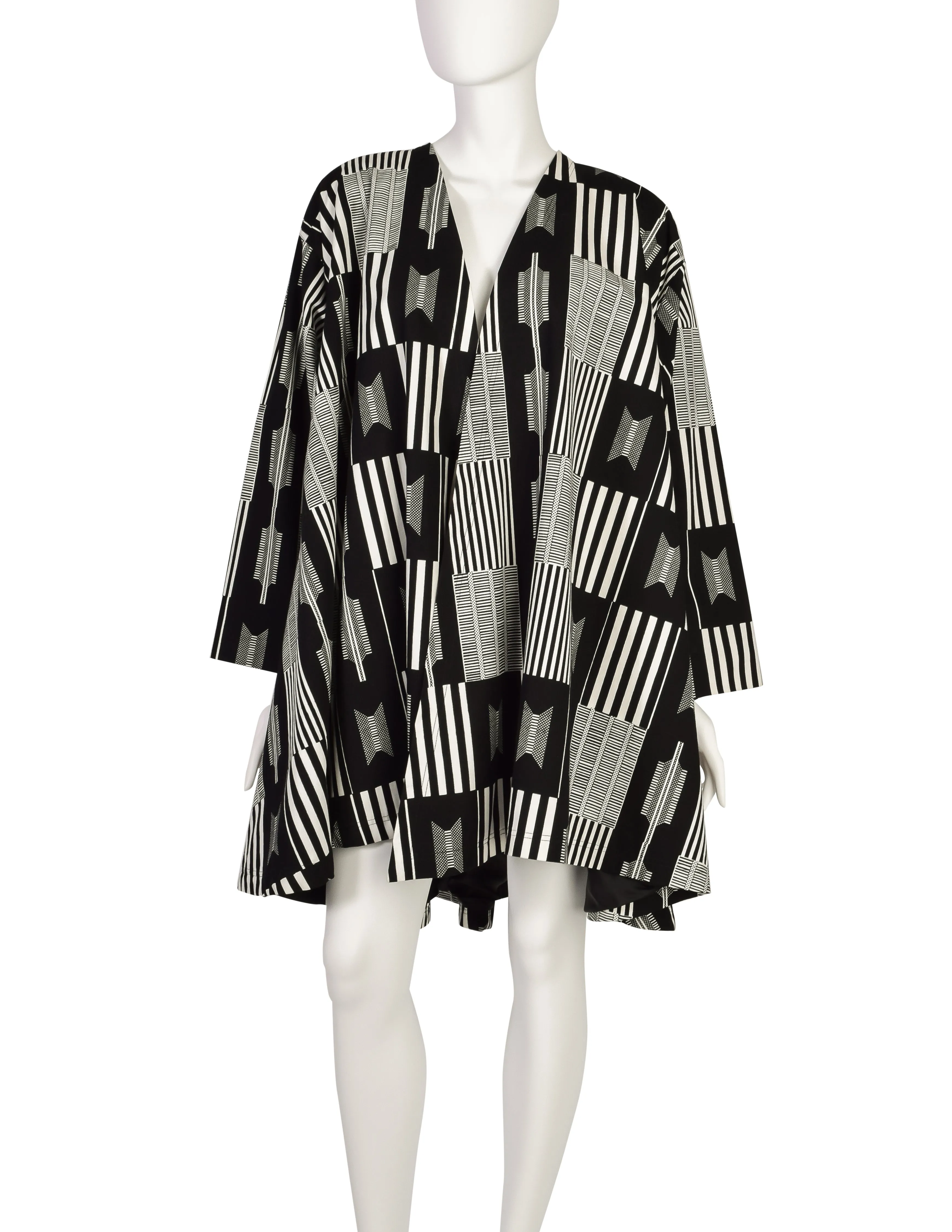 Patrick Kelly Vintage 1988 Black White Kente Inspired Print Cotton Swing Coat