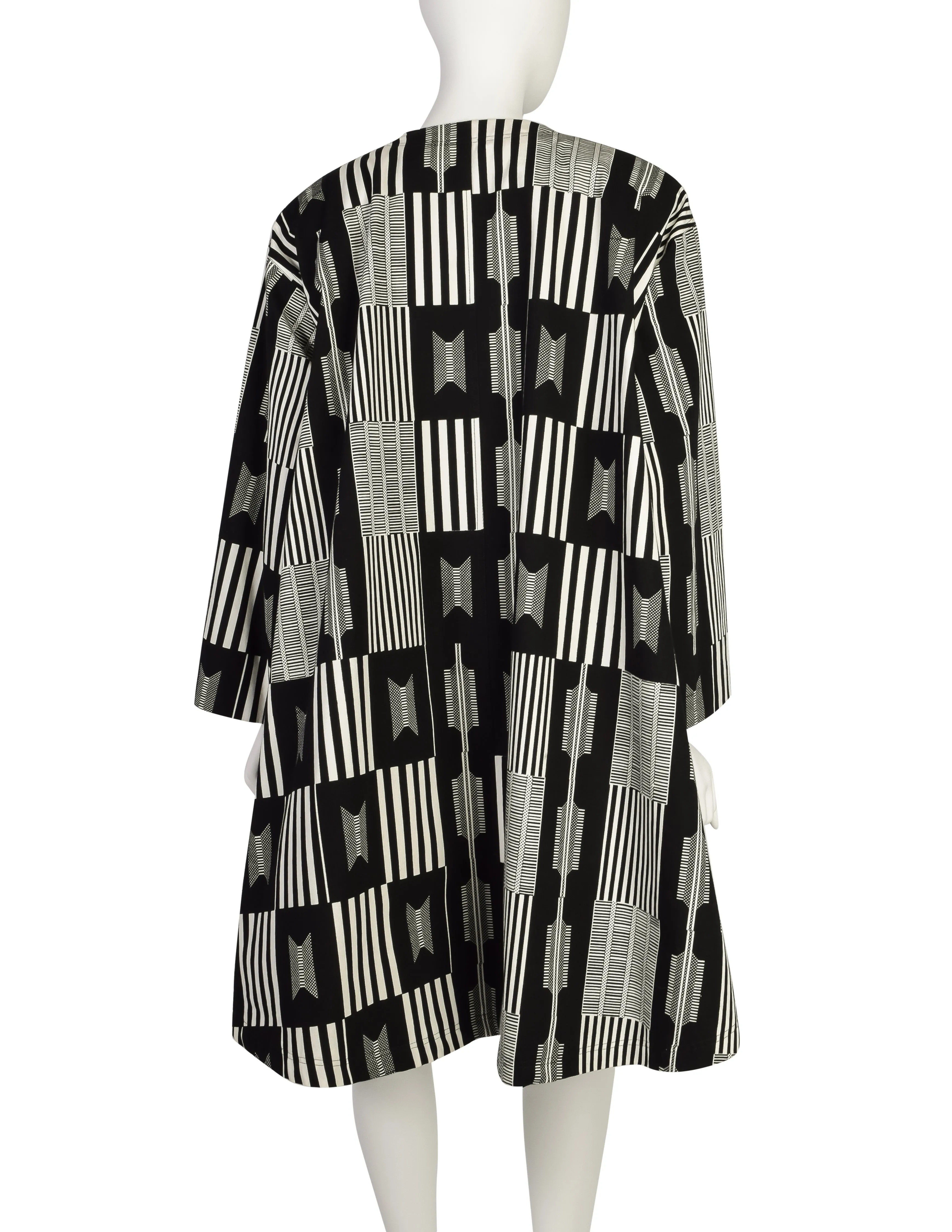 Patrick Kelly Vintage 1988 Black White Kente Inspired Print Cotton Swing Coat