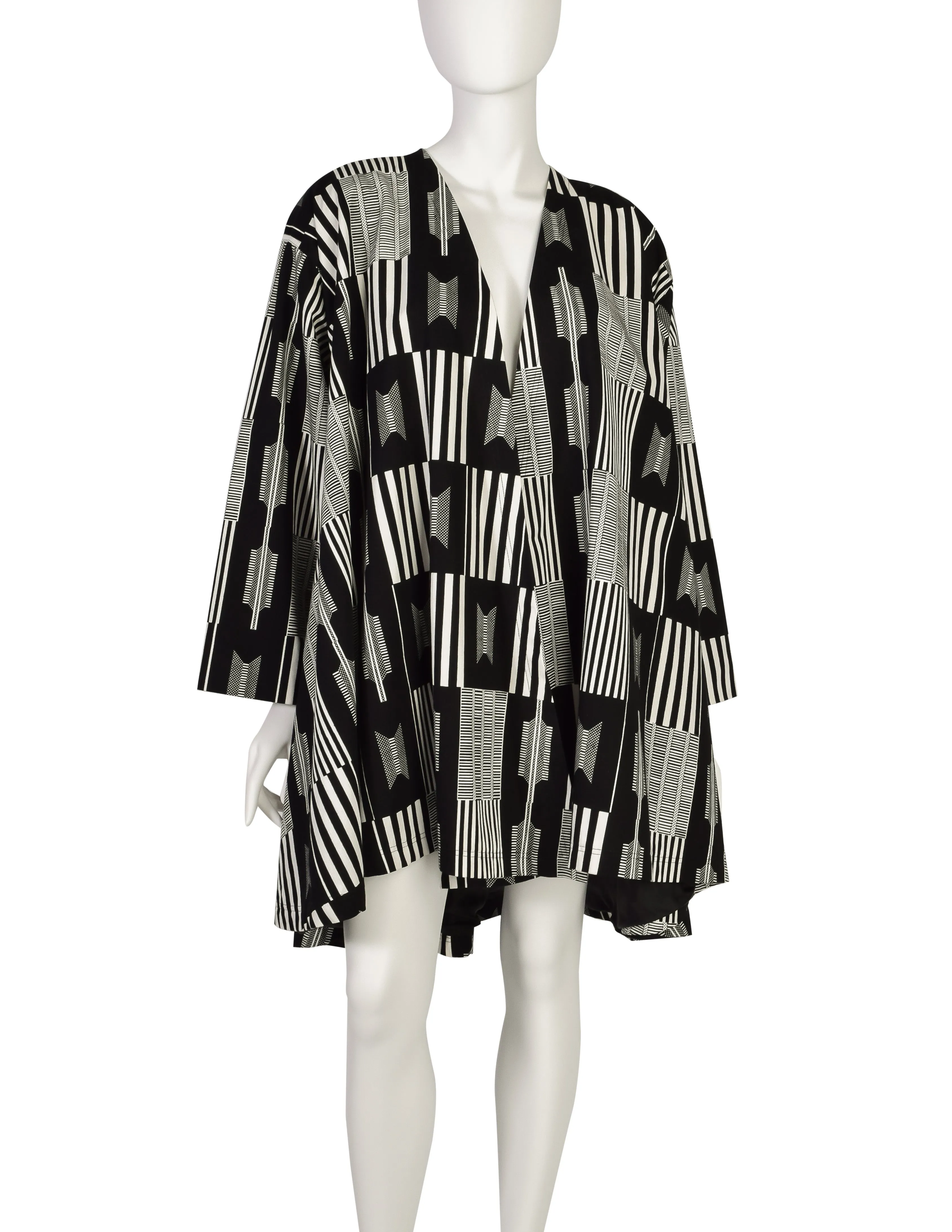 Patrick Kelly Vintage 1988 Black White Kente Inspired Print Cotton Swing Coat