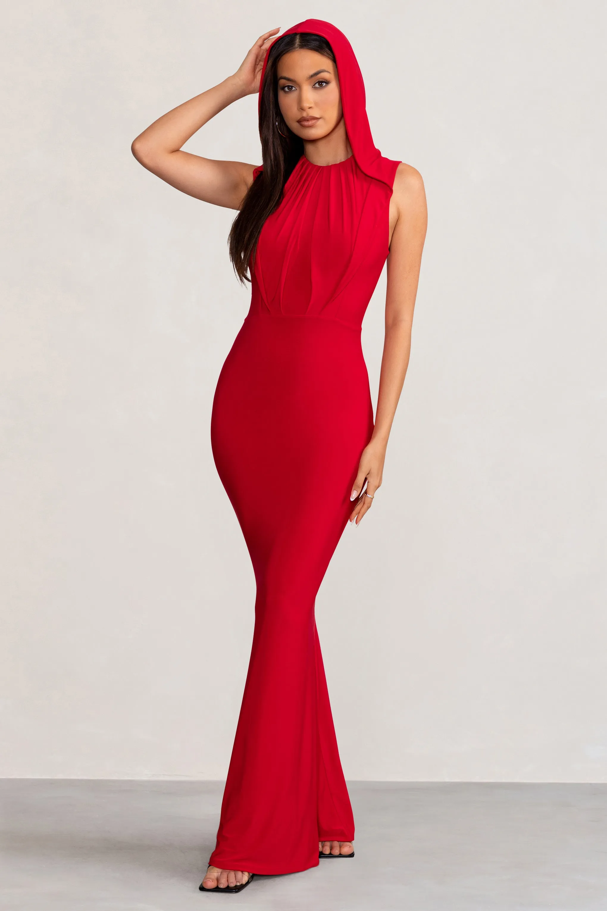 Phoenix | Red Sleeveless Maxi Dress with Hood