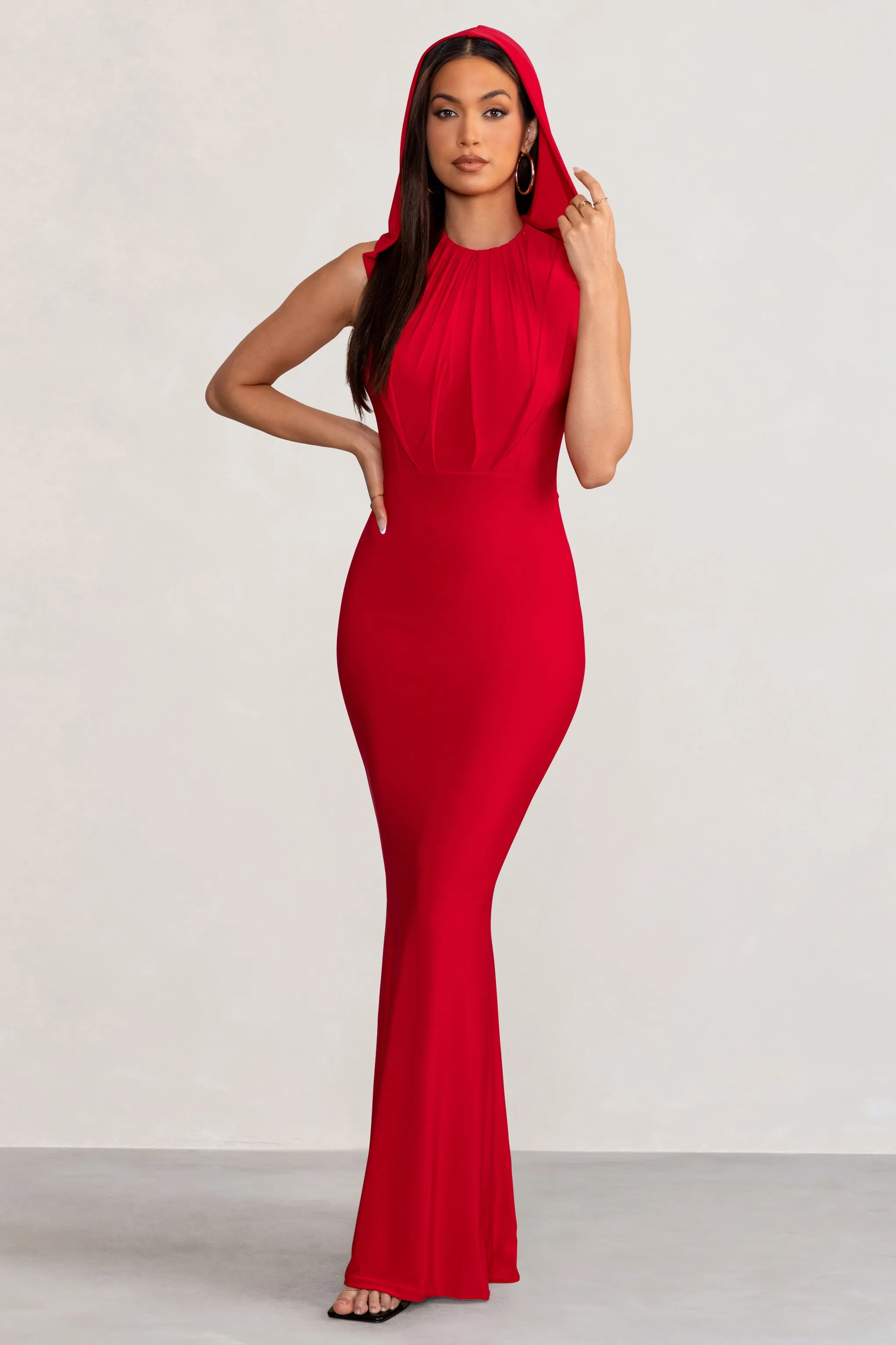 Phoenix | Red Sleeveless Maxi Dress with Hood