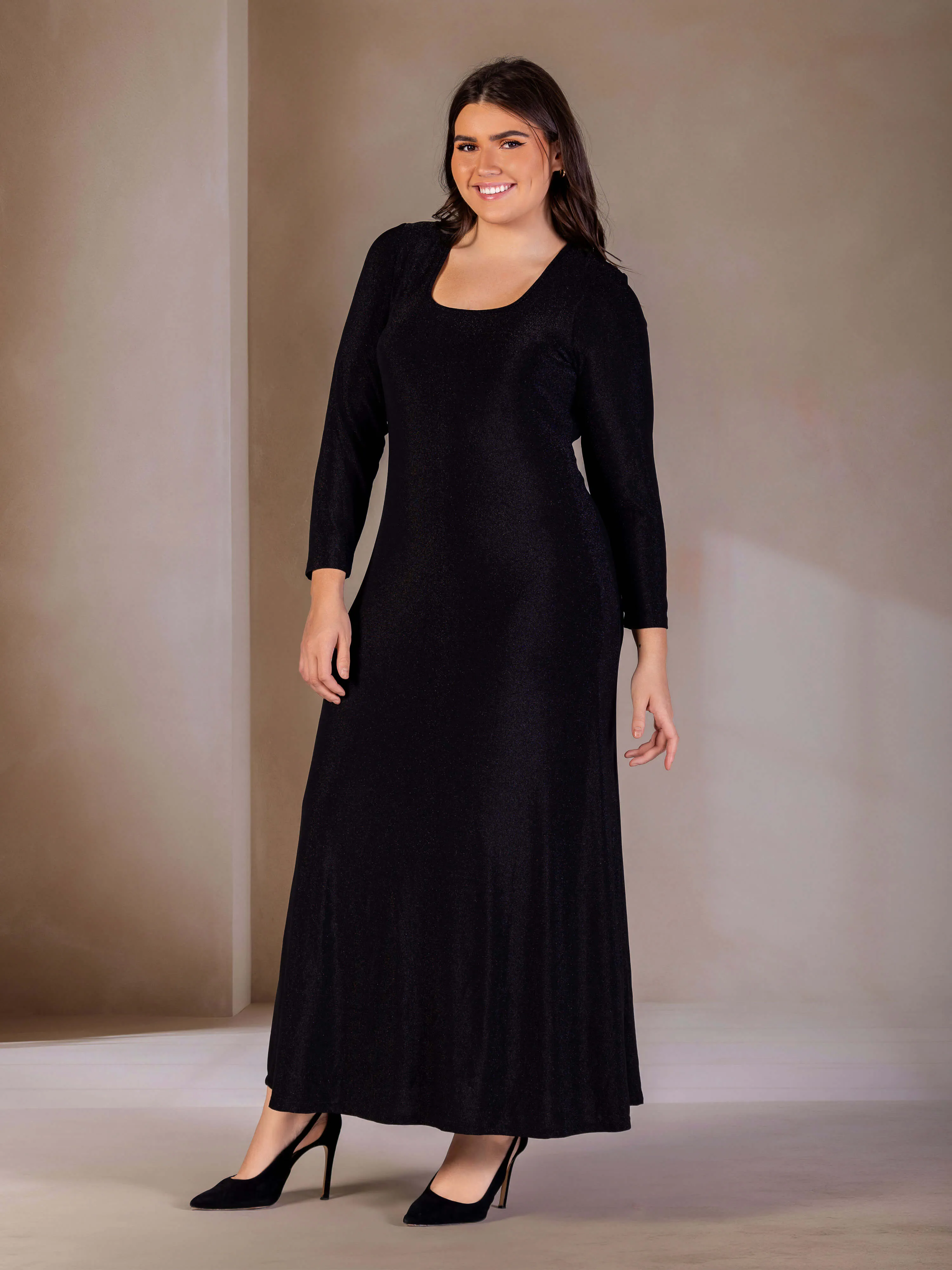 Plus Size Long Sleeve Scoop Neck Shimmery Fabric Maxi Dress