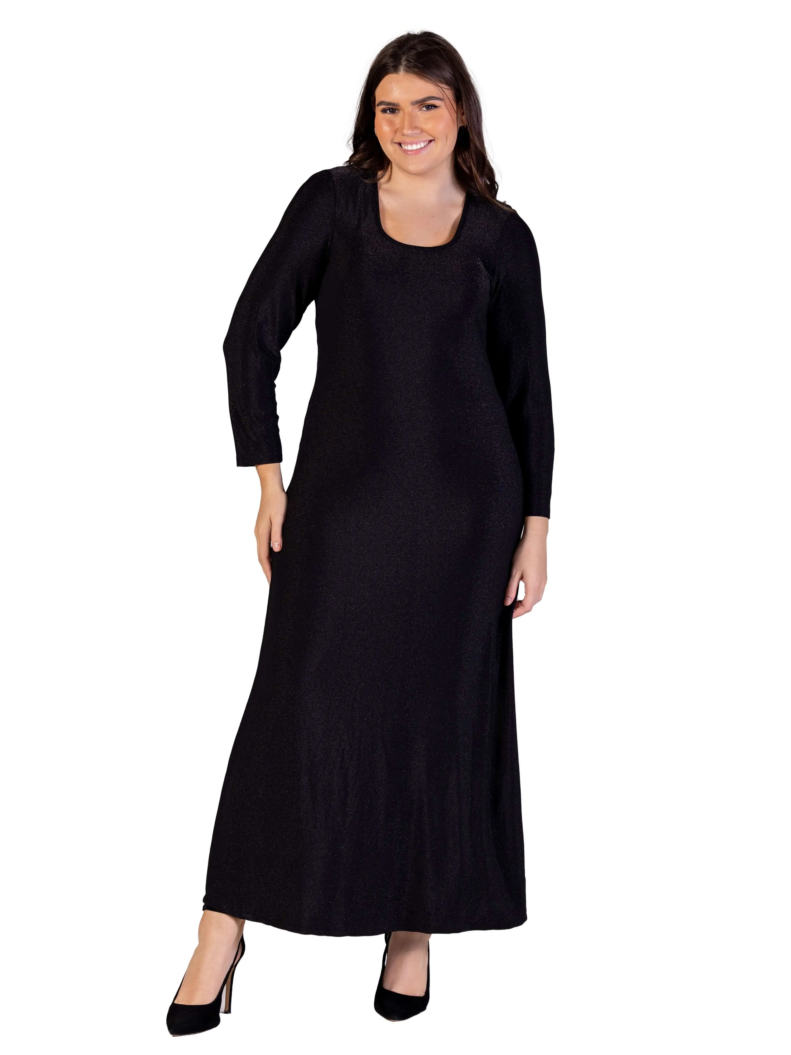 Plus Size Long Sleeve Scoop Neck Shimmery Fabric Maxi Dress