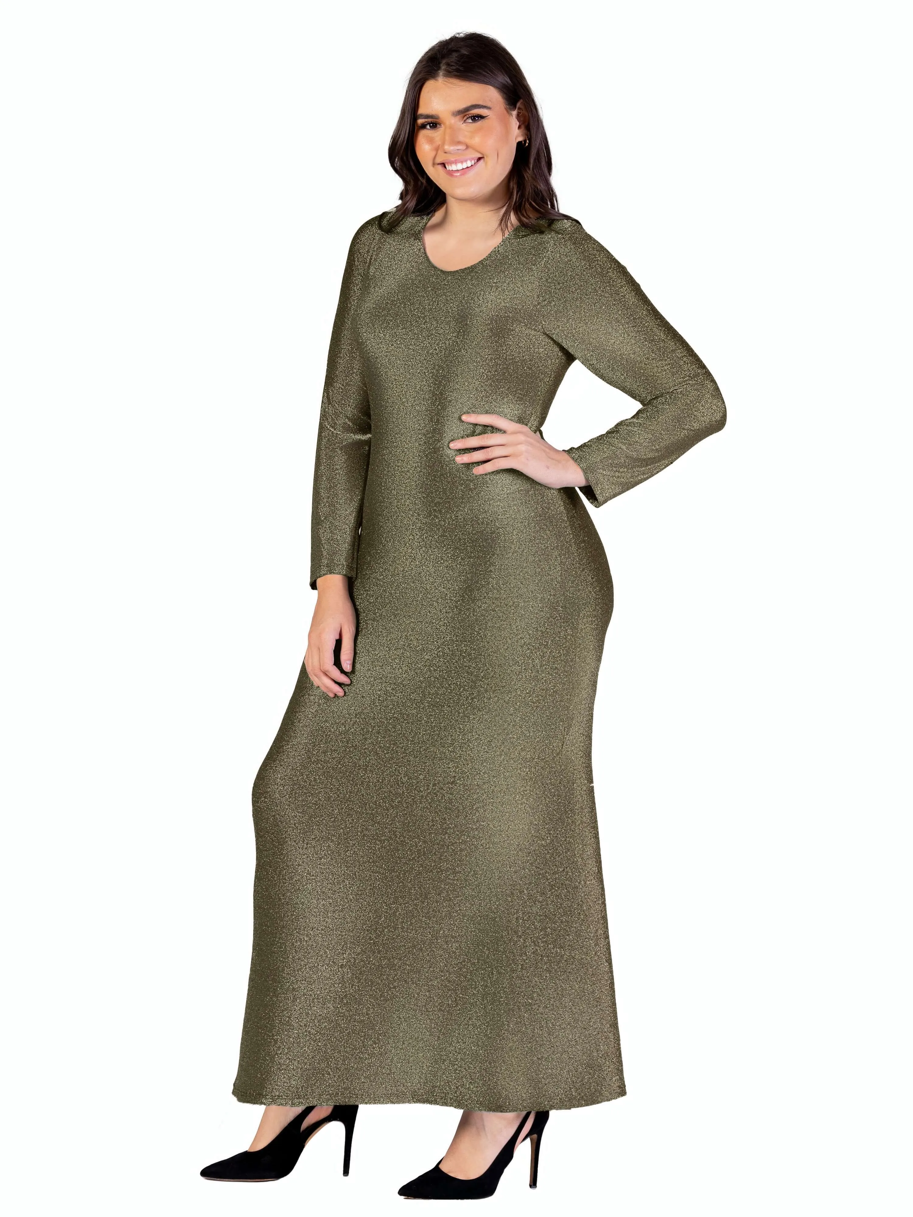 Plus Size Long Sleeve Scoop Neck Shimmery Fabric Maxi Dress