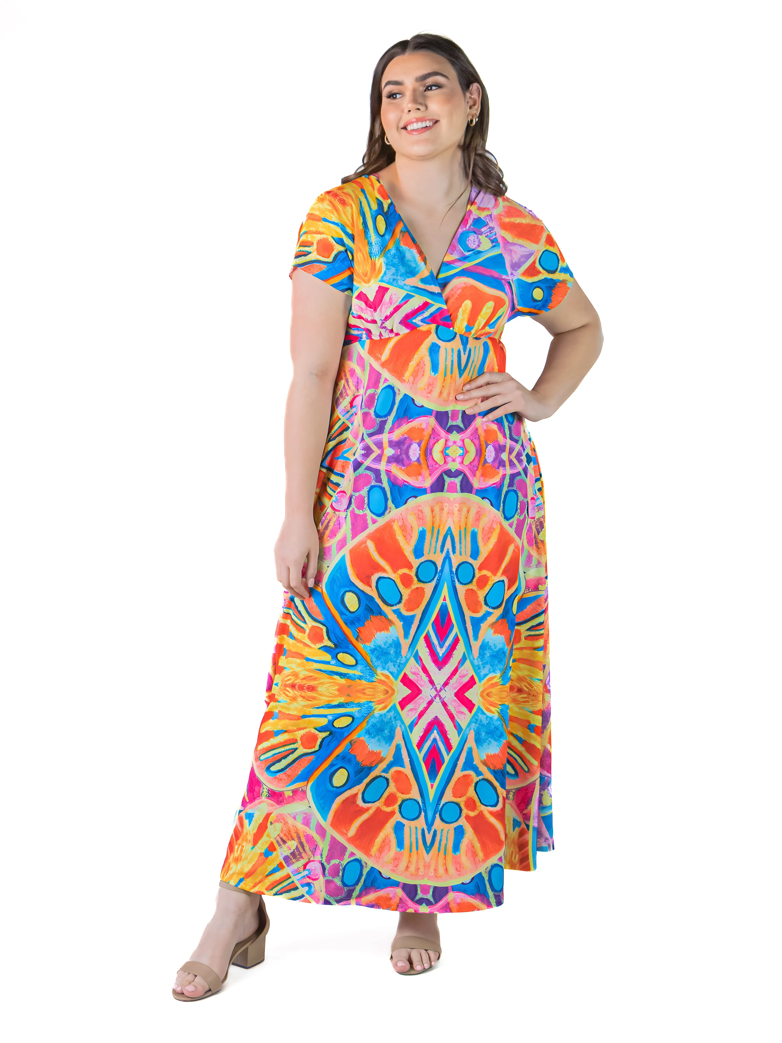 Plus Size Multicolor Print V Neck Cap Sleeve Flowy Empire Waist Maxi Dress