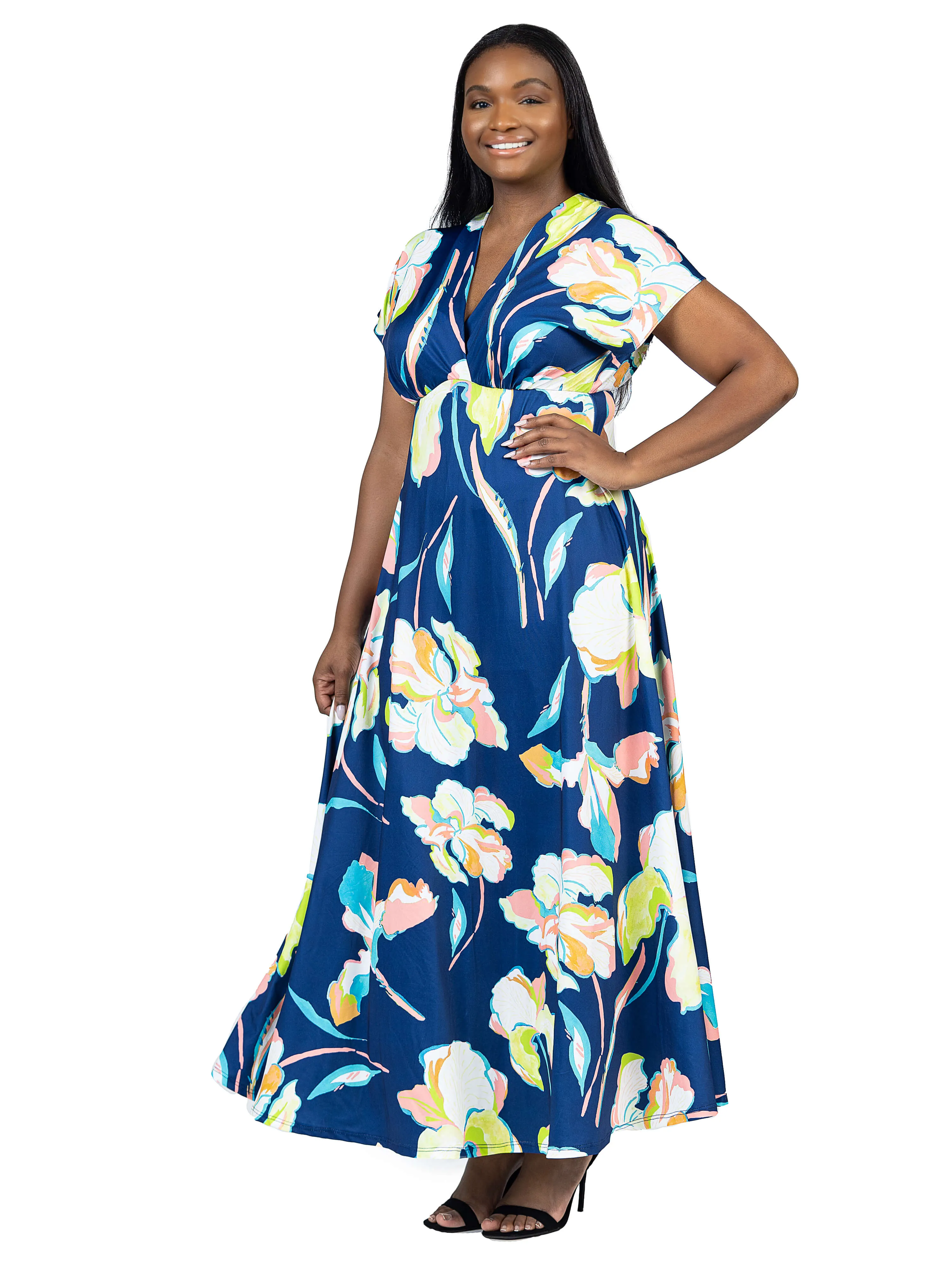 Plus Size Navy Floral Print V Neck Empire Waist Kimono Cap Sleeve Maxi Dress