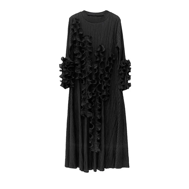 Pre Order: Black Ruffle Edge Pleated Long Sleeve Dress