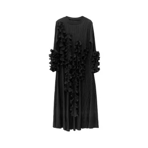 Pre Order: Black Ruffle Edge Pleated Long Sleeve Dress