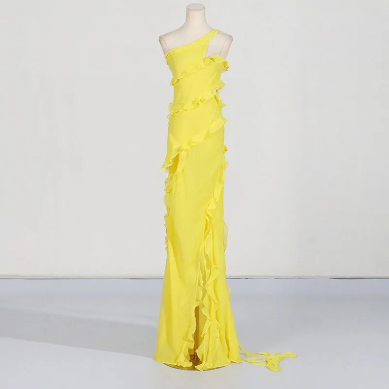 Pre Order:  One Shoulder Ruffled Edge Hollow Maxi Dress